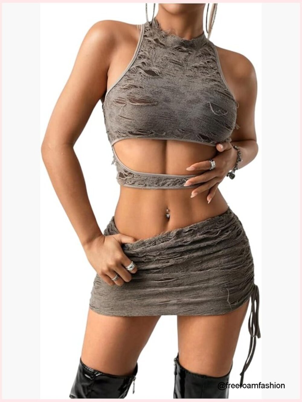 2 Piece Grunge Outfits Cut Out Crop Top & Bodycon Mini Skirt Set